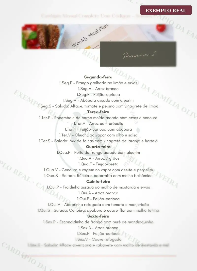 Exemplo real de cronograma mestre do cardápio personalizado da Camila Vieira